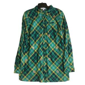 Kim Rogers Green Plaid Button Down Top with Rhinestone Embellishments Size 2X